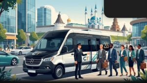 Современный микроавтобус для перевозки корпоративной делегации на фоне городских достопримечательностей Казани